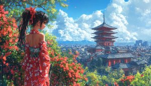 Anime Kimono Girl Wallpaper With Traditional Japanese Architecture, Scenery