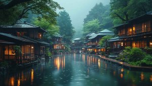 Japanese Village Wallpaper: Rain, Scenery, Nature, Architecture -4k