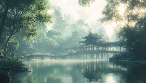 Oriental Scenery Wallpaper: Bridge, Lake, Mountains, Temple - 4k Wallpaper