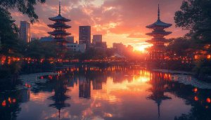 Japanese Pagoda Wallpaper: Sunrise Reflection, Cityscape View Background