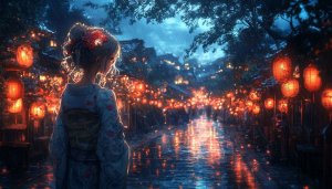 Anime Girl in Kimono Under Rain Lanterns Wallpaper 4k