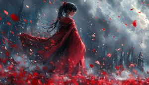 Anime Girl Red Kimono Wallpaper, Aesthetic, Landscape, 4K Wallpaper