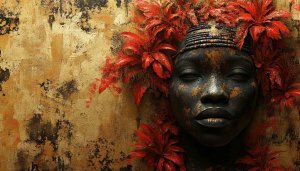 African Art Wallpaper, Tribal Woman Portrait, Red Leaves, Gold Texture