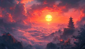 Sunrise Pagoda Wallpaper: Oriental Landscape, Aesthetic Scenery, Nature Background