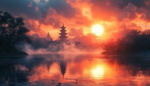 Zen Pagoda Sunset Wallpaper: Serene Lake Scenery Desktop Background