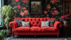 Floral Interior Design Wallpaper, Red Couch, Elegant Home Decor