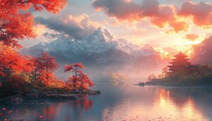 Autumn Landscape Wallpaper: Mountains, Lake, Japanese Temple, 4K scenic wallpaper