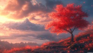 Red Maple Tree Wallpaper, Mountain Landscape Scenery, 4k Nature