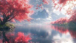 Cherry Blossom Lake Wallpaper, Mountain Scenery 4K Wallpaper for Desktop
