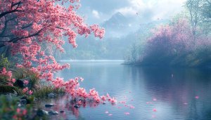 Pink Blossom Spring Lake Wallpaper, 4k Desktop Background
