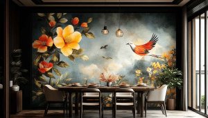 Bird and Floral Painting Wallpaper for Walls, Living Room Decor
