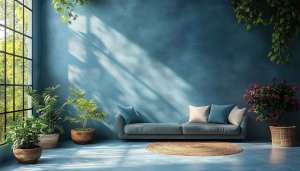 Interior Wallpaper: Blue Room with Sofa, Plants, and Sunlight