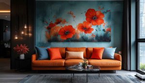 Floral painting wallpaper, Aesthetic room decor, Orange sofa HD