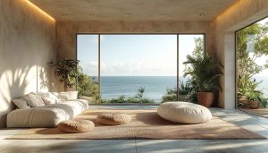 Coastal Living Room Wallpaper, Ocean View Interior Design, 4k Wallpaper