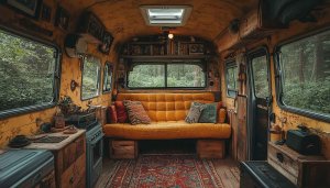 Vintage Camper Van Wallpaper, Rustic Interior, Forest View, 4K