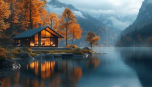 Autumn Lake Cabin Wallpaper, Mountain Scenery Landscape for Desktop