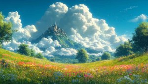 Fantasy Castle Wallpaper: Enchanted Landscape with Clouds, Sky, and Flowers