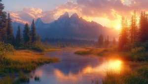 Mountain Sunset Wallpaper: Lake Reflection, Nature Scenery for Desktop