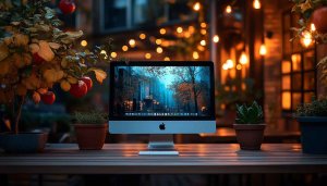Apple Computer Wallpaper: Cozy Workspace, Ambient Lights, Autumn City Scenery