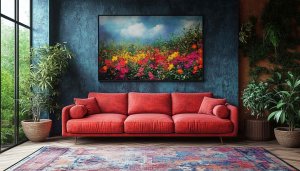 Interior Design Wallpaper: Living Room with Floral Painting and Plants