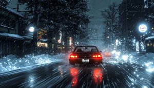 Snowy Tokyo Car Wallpaper: Japan Winter City Road 4K