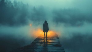 Mystic Wallpaper: Woman on Pier, Foggy Lake, Eerie Ambience
