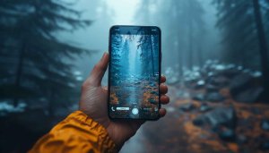 Forest Mobile Wallpaper: Hand Holding Phone Capturing Nature Scene