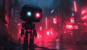 Cyberpunk Robot Wallpaper, Sci-Fi City, Neon Lights, 4k Wallpaper