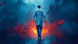Heroic Doctor Wallpaper: Fiery Background Medical Professional 4K Wallpaper