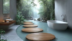 Zen Bathroom Wallpaper: Nature, Waterfall, Tranquil Spa, Scenic Design