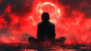 Red Moon Meditation Wallpaper, Mystic Silhouette Wallpaper for Desktop 4K