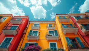 Colorful Architecture Wallpaper: Buildings with Balconies and Blue Sky View