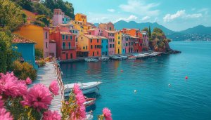 Coastal Town Wallpaper: Colorful Houses, Sea, Flowers, 4K Wallpaper