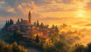 Tuscany Village Wallpaper, Italian Landscape, Sunset Sky, 4k Wallpaper