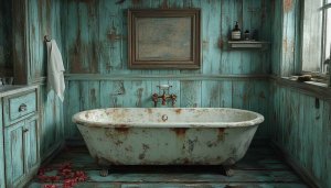 Rustic Bathroom Wallpaper: Vintage Bathtub, Turquoise Wood Wall Decor