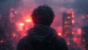 Rainy City Silhouette Wallpaper, Cyberpunk Theme, Man Looking at Skyline