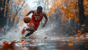 Basketball Wallpaper: Player Dribbling Ball in Rain, Autumn Scenery Background