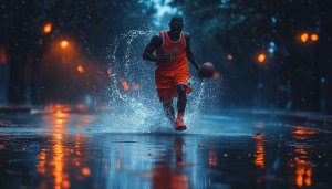 Basketball Player Wallpaper: Rainy Street, Orange Jersey, Athlete Aesthetic