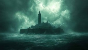 Dark Fantasy City Wallpaper, Moody Seascape, Ocean View, Dark Atmosphere