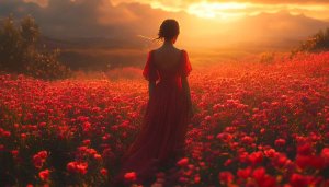 Woman in Red Dress Flower Field Scenery 4K Wallpaper