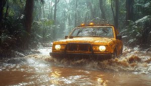 Yellow SUV Wallpaper: Mudding in Rainforest, Off-Road Vehicle Adventure