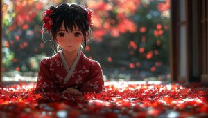 Anime Girl Kimono in Red Leaves Wallpaper, 4K, Desktop