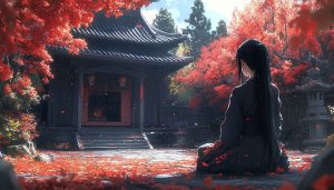 Anime Girl in Temple Garden with Autumn Leaves Wallpaper