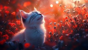 Cute Cat Wallpaper: Kitten in Red Flowers Field 4K