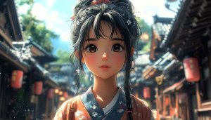 Anime Girl in Traditional Japanese Town Wallpaper for Desktop