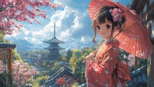 Japanese Anime Girl with Kimono and Pagoda Scenery Wallpaper