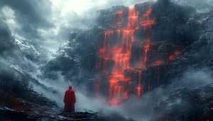 Fantasy Landscape Wallpaper: Lava Falls, Cloaked Figure, Dramatic Scenery