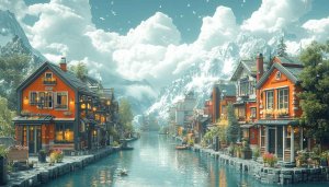 Scenic Mountain Village Wallpaper, Landscape Wallpaper, 4K Wallpaper for Desktop