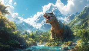 Roaring Dinosaur Wallpaper: T-Rex, Mountains, Jungle, Nature, 4K