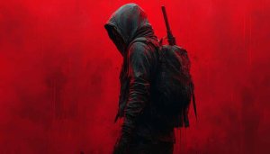 Post Apocalyptic Warrior Wallpaper: Red Backdrop, Hooded Figure, Weapon